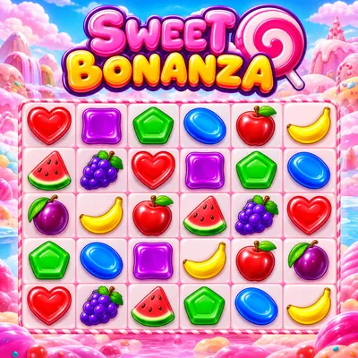 Klasik Sweet Bonanza logosu ve pastel renkli oyun alanı