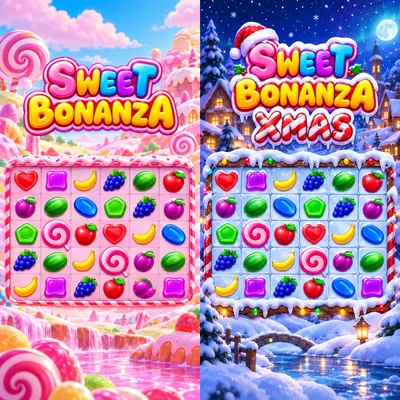 Sweet Bonanza ve Sweet Bonanza Xmas oyun ekranları yan yana