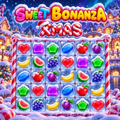 Sweet Bonanza Xmas logosu ve karlı oyun alanı