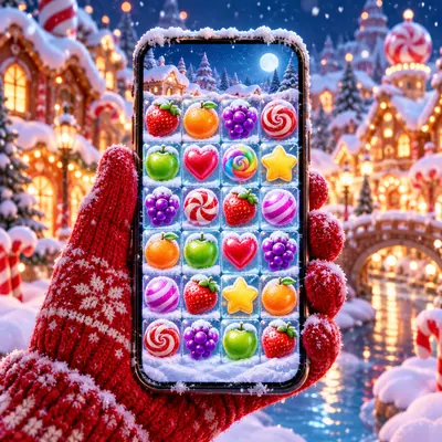 Kırmızı örgü eldivenli elde karlı oyun ekranı gösteren telefon